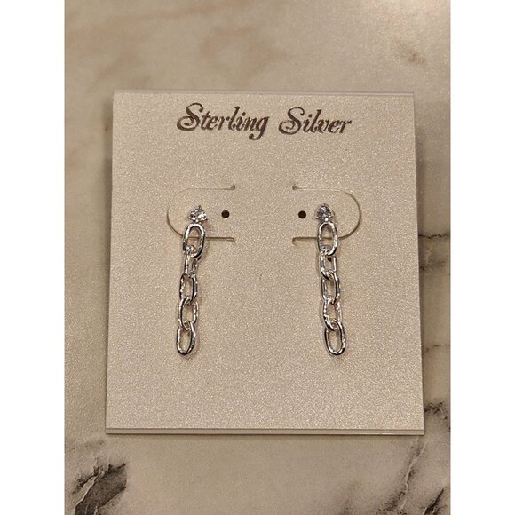 Sterling Silver Chain Drop Earrings With Cubic Zirconia Studs - Picture 1 of 5